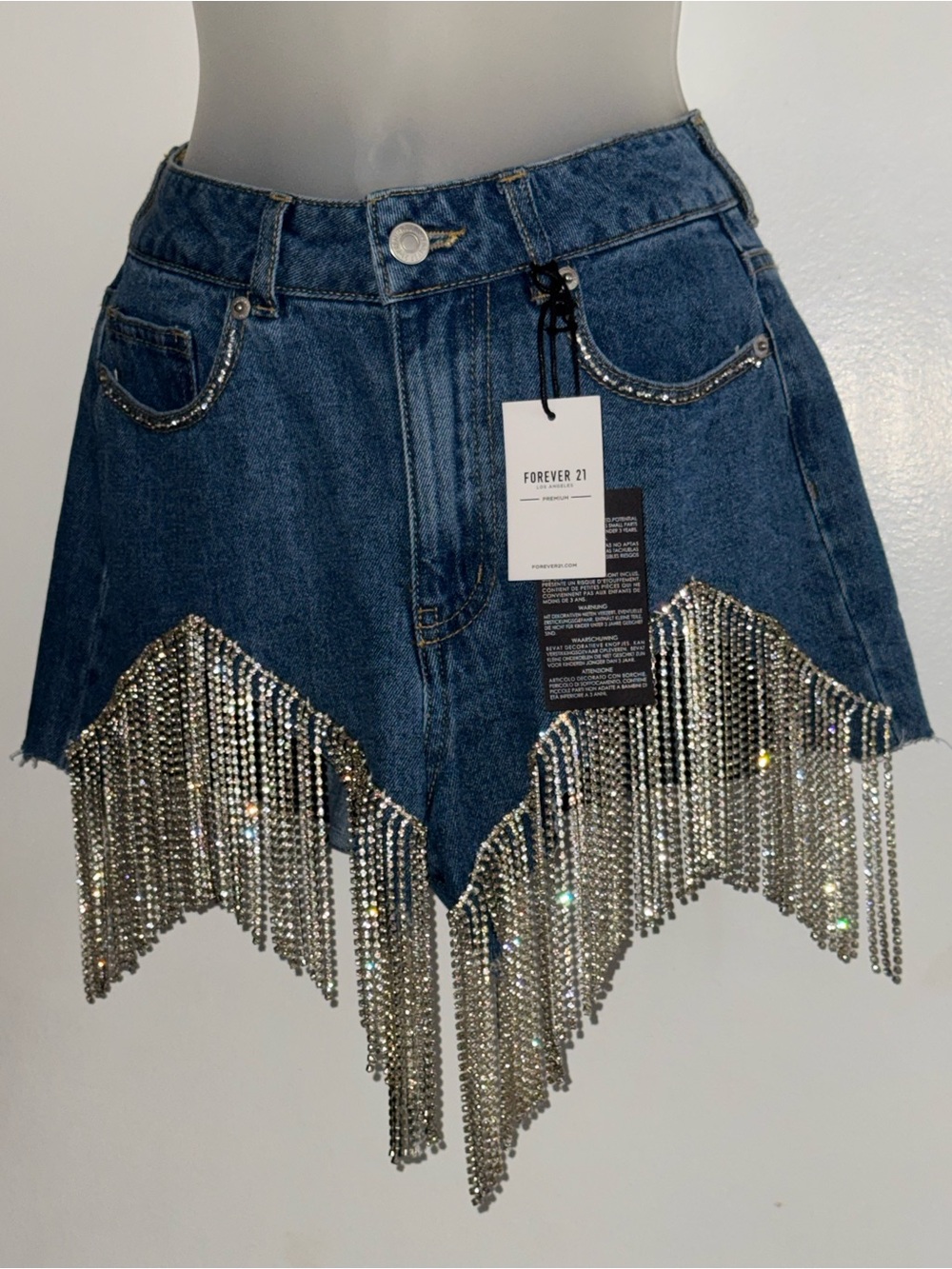 Forever 21 Blue Denim Fringe Rhinestone Shorts size 24 US